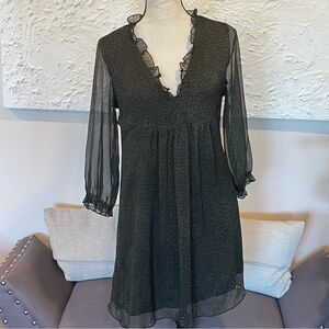 Zara Womens Mini Dress Olive Green Polka Dot Ruffle Trim Balloon Sleeve Sz XS